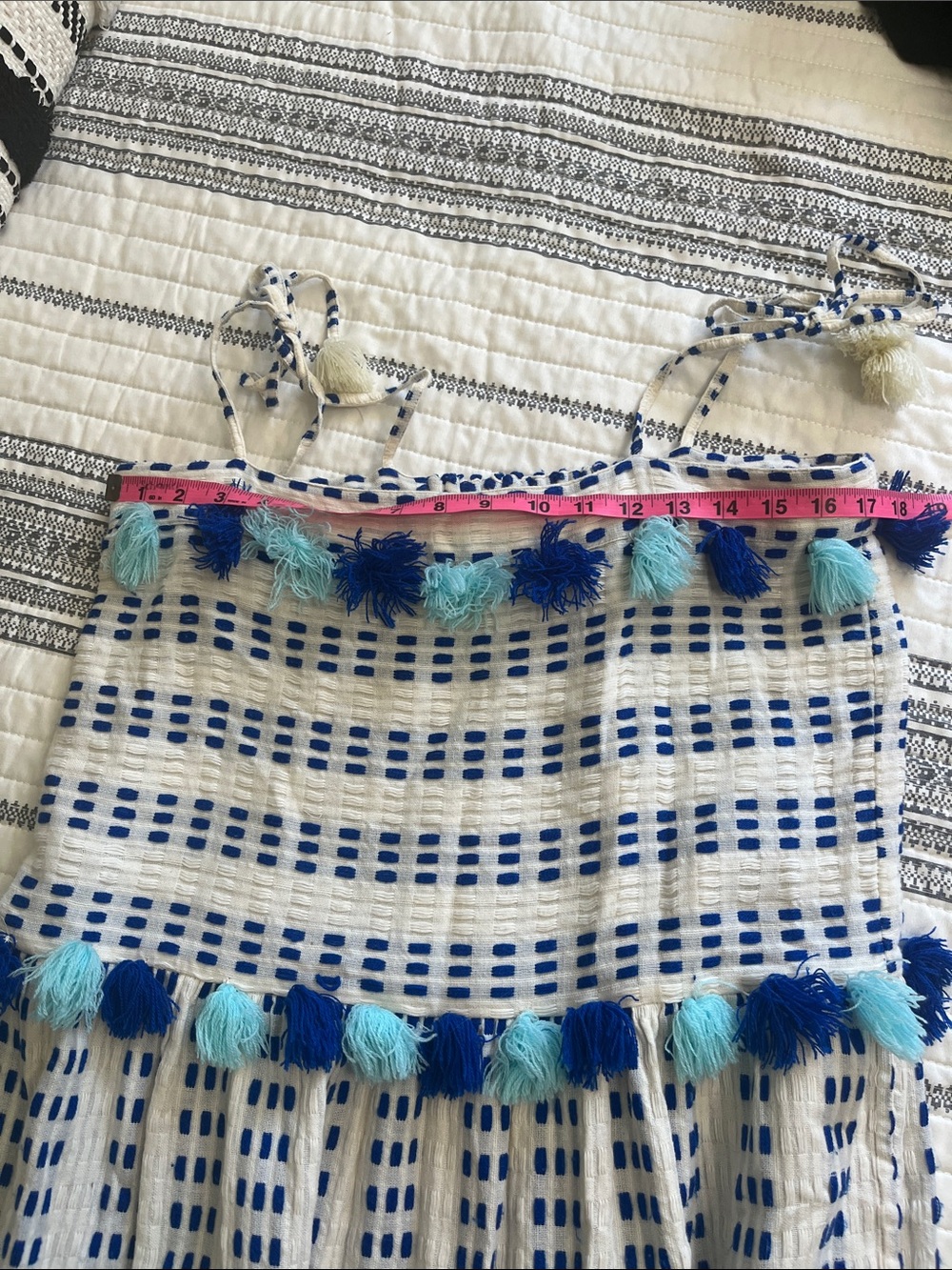 Women's White Maxi Dress with Blue Check and Pom-Pom Trim - Picture 9 of 11